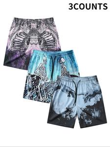 Men's Skeleton & Hand Of God Graphic Print Drawstring Waist Swim Trunks, Regular Fit Casual Comfortable Breathable Pocket Swim Shorts for Summer, Fashion Men's Swimwear for Beach Vacation