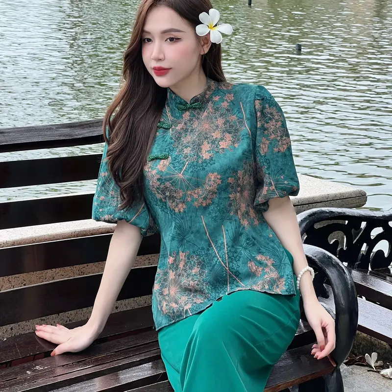 Đồ bộ bà ba nữ quần dài đồ bà ba nữ đồ bộ bà ba đi chùa ống rộng tay lỡ vải gấm - cn168 Áo Women 4