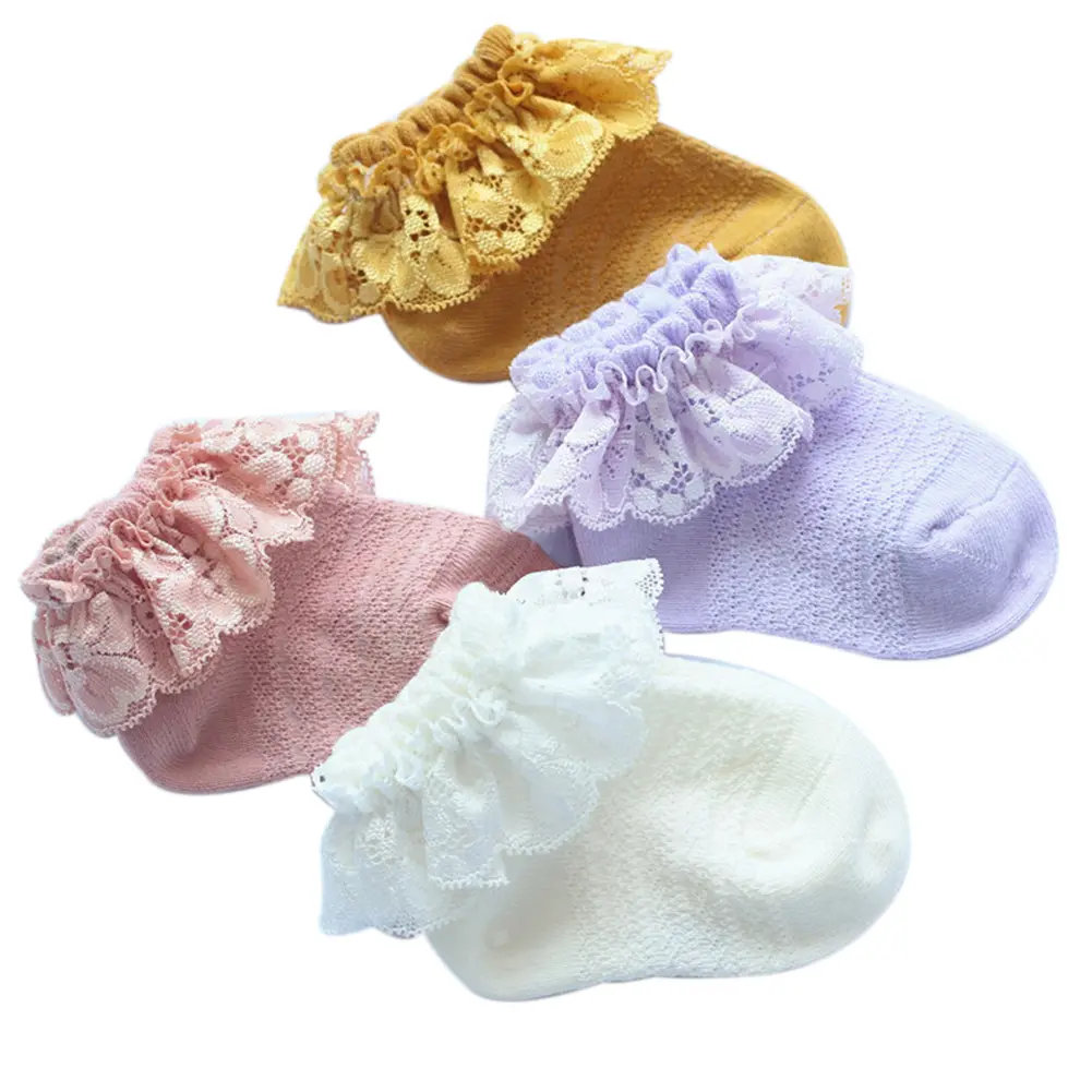 Baby Girls Lace Socks, Solid Color Soft Ruffled Anklet for Infant, Little Kids, 6 Months to 5 Years, White/Purple/Pink/Yellow