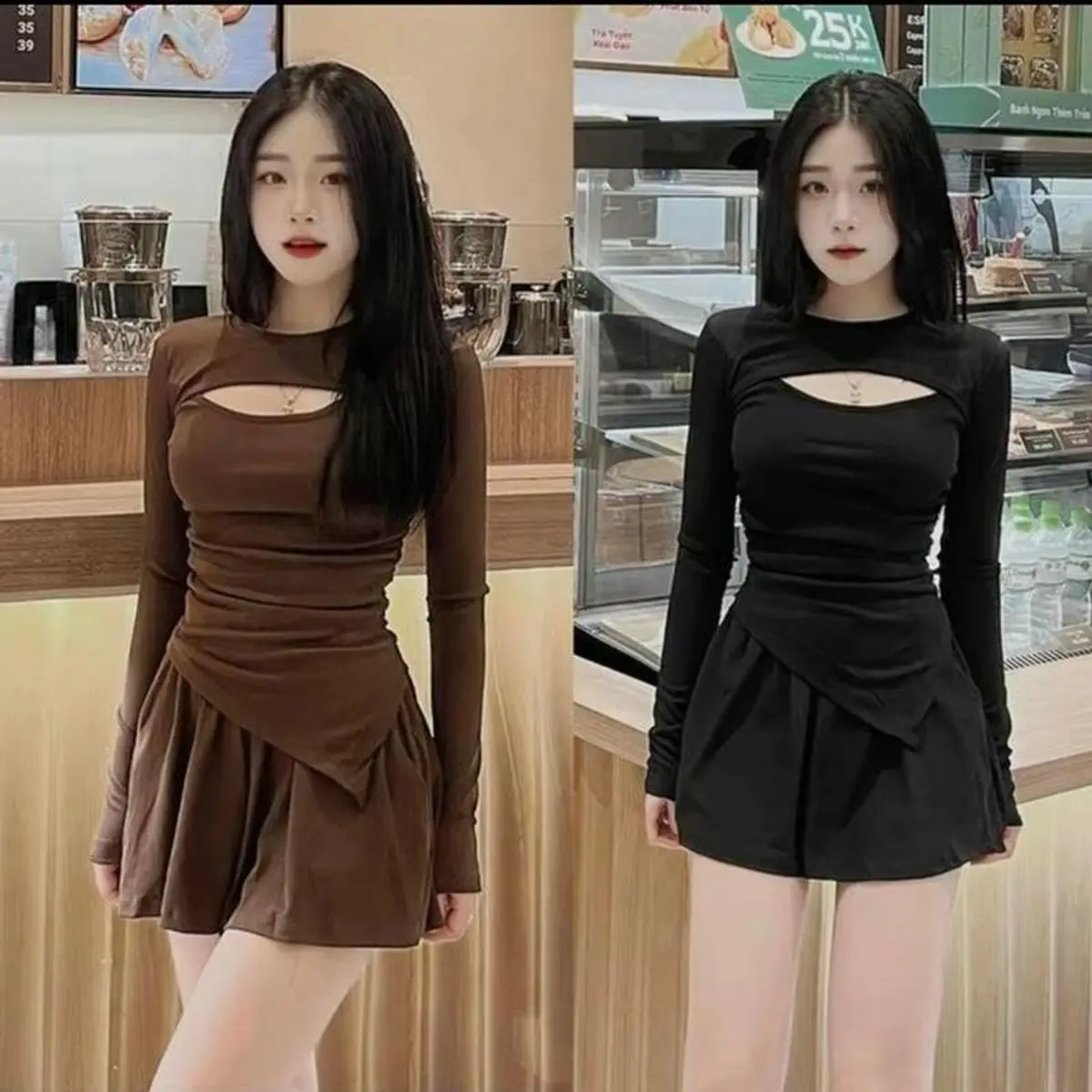 kem Set Bộ Áo Tay Dài Khoét Ngực Kèm Chân Váy Có Lót Quần Trong Vải Thun Tăm Từ 40-60kg Nữ Top Women Màu Nâu Kem