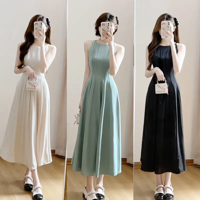 Váy cổ yếm dáng dài xoè chất chéo dày dặn phong cách tiểu thư Hàn Quốc Jinnie Store
