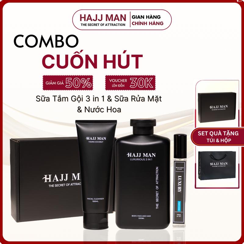 Quà tặng Noel Combo Cuốn Hút HAJJ MAN - Sữa tắm gội 3 in 1 350ml & Sữa rửa mặt hương dừa 100ml & Nước hoa nam 10ml; Tặng sét Hộp và Túi sách