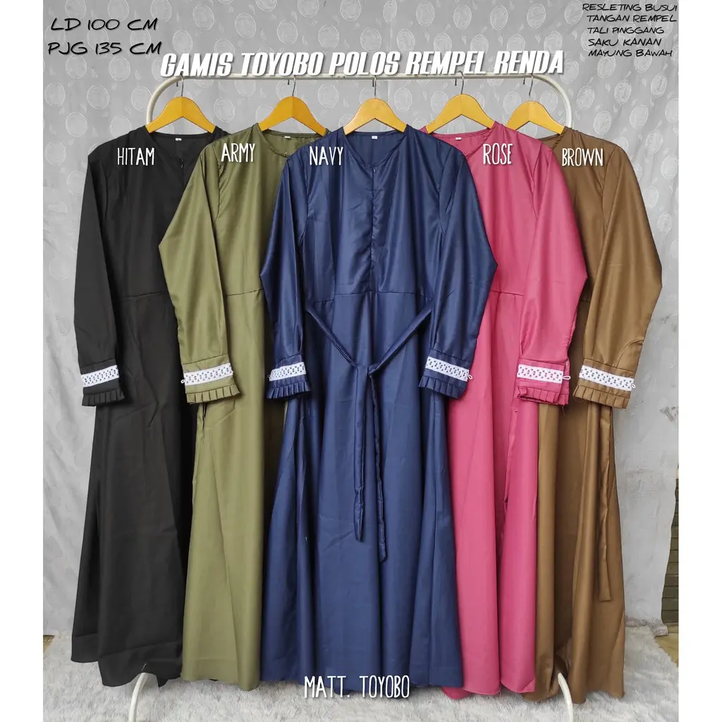 Gamis Katun Toyobo Polos Muslimah Remaja Terbaru Lengan Renda Tanpa Hijab