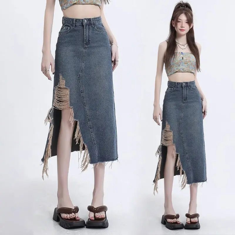Chân Váy Denim, Phong Cách Mỹ, Viền Sờn Rách, Dành Cho Nữ, Cổ Điển Và Mỏng, Cạp Cao, Dài Trung Bình Dáng Ôm, Hợp Xu hướng, Hàng Mới Về Mùa Xuân Hè Của Cô Gái Nóng Bỏng, Được Thu Thập Bởi 1060 Người