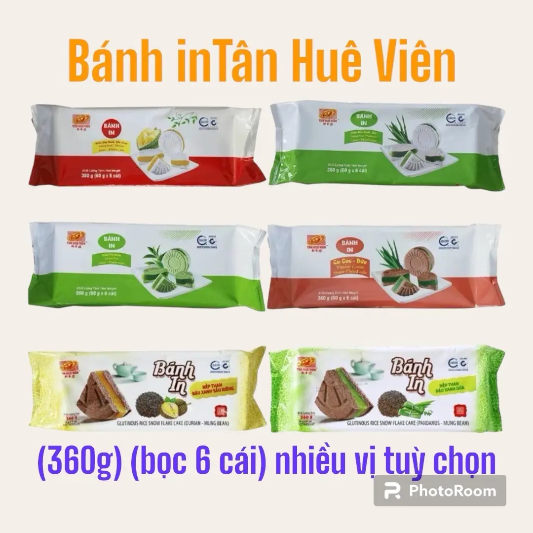 Bánh In Tân Huê Viên (360g) (6 cái) (in nếp than đậu, in nếp than dứa, in đậu xanh sầu riêng, in dứa, in ca cao dứa)