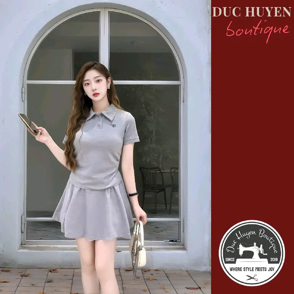 Set bộ áo có cổ nhún eo mix chân váy xòe có lót quần trong thêu nơ style Ulzzang nữ women polo top by Duc Huyen Boutique