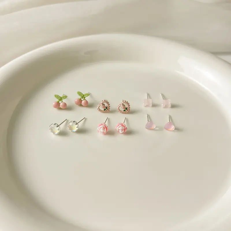 Bộ Bông Tai, 6 Món, Bạc S925, Phong Cách Nữ Tính Đơn Giản Và Ngọt Ngào, Ins Dễ Phối Đồ Bộ Đinh Tán Xương Tai Nhỏ 3