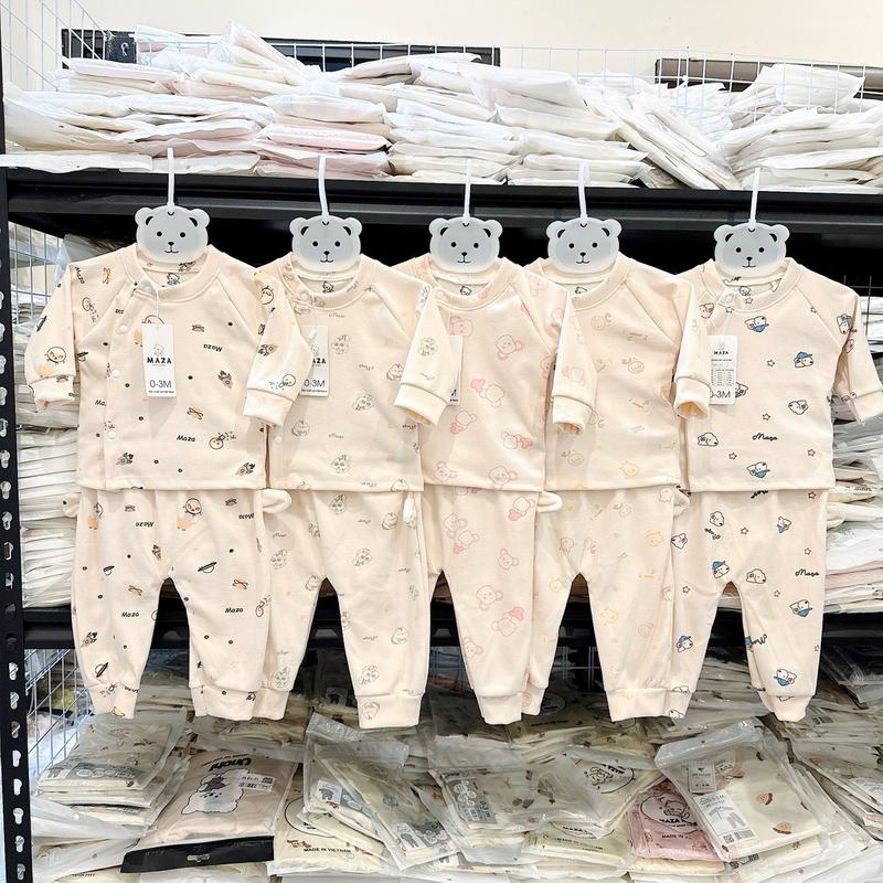 Bộ quần áo dài tay Mz chất nỉ dày ấm màu kem in kín cho bé 0-9 tháng (3-8kg) MZ.BD151 Cotton