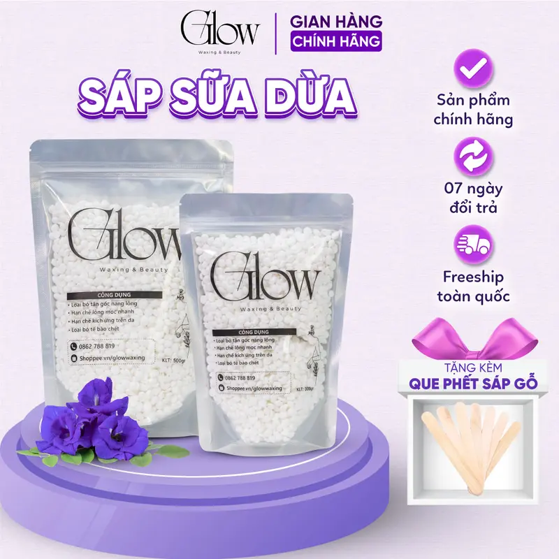 [CHE TÊN] Sáp Wax Lông Nóng Sữa Dừa Premier Cao Cấp GLOW WAXING Siêu Bám Lông Chuyên Wax Bikini, Nách, Body Tặng Que Gỗ sáp  wax 0