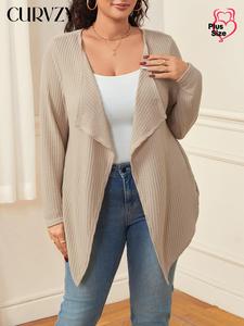 CURVZY Plus Size Solid Asymmetrical Hem Open Front Coat, Casual Long Sleeve Waterfall Neck Outerwear for Daily Wear, Women's Plus Clothing for All Seasons