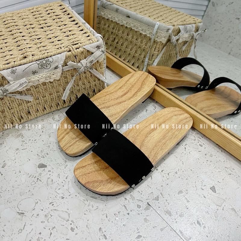 ND019 Guốc gỗ nam nữ quai nhung ngang đỏ đen đế 2cm guốc mộc truyền thống Đế Bằng Quai Ngang GiàY DéP Shoes
