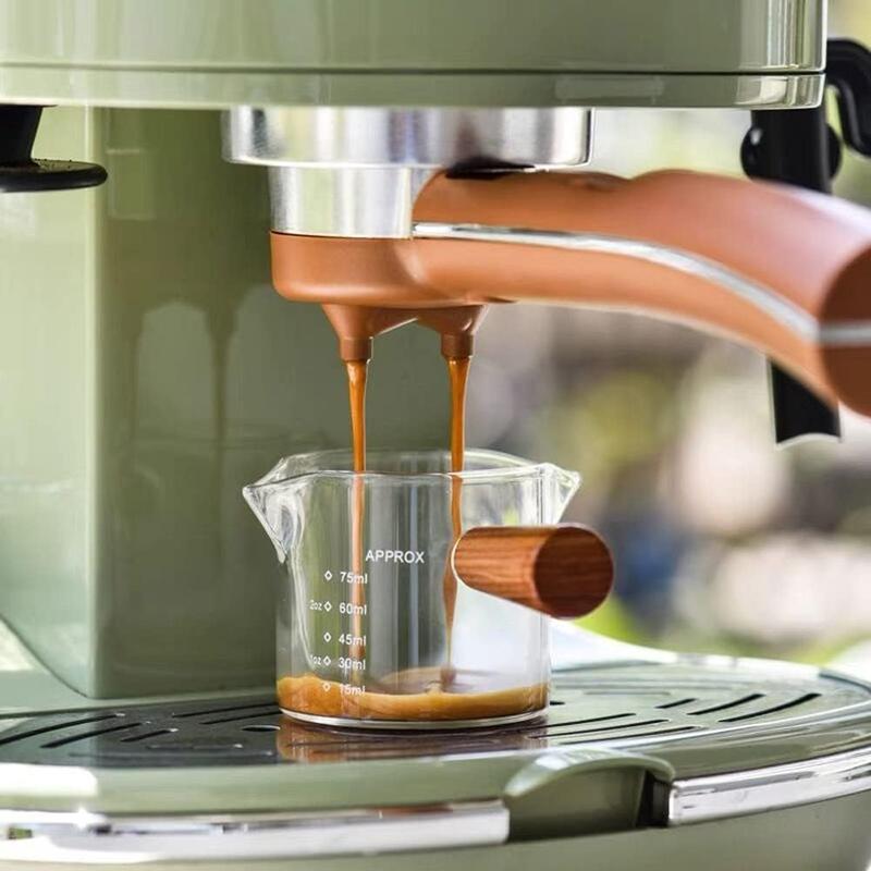 Product Introduction of 1/2pcs 100ML Double Spout Coffee Milk Glass Pot with Wood Handle Cute Measuring Frothing Pitcher Latte Cup for Barista Coffee Making 3