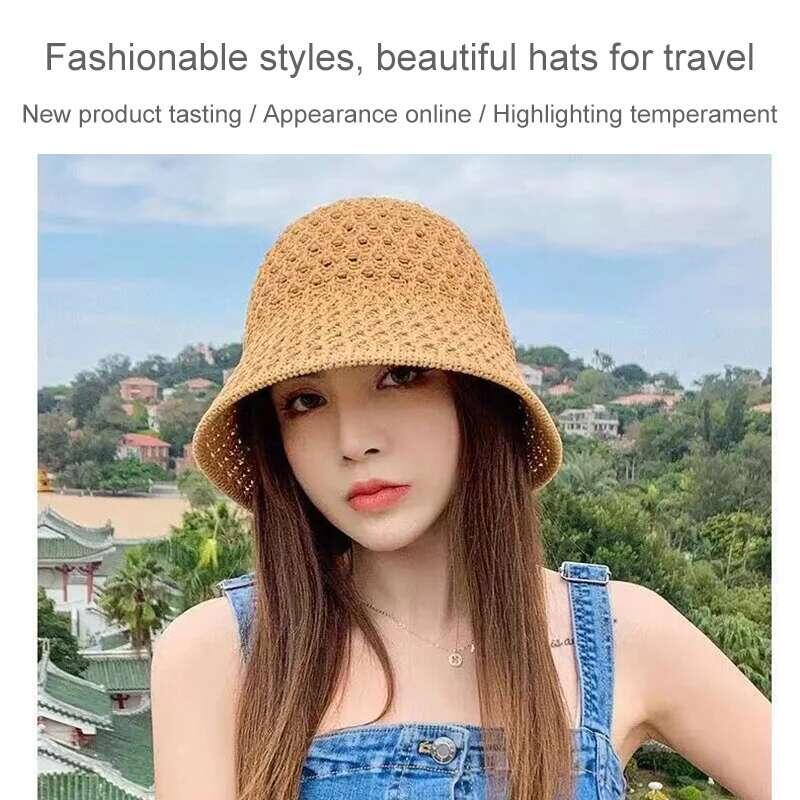 Product Introduction of Bucket Spring Summer Hollow Knitted Hat Solid Color Sunhat Fisherman Caps Casual Foldable Beach Cap 24
