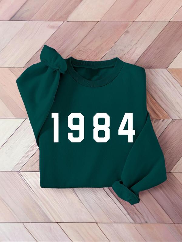 Sporty Women's "1984" Number Print Thermal Lined Sports Sweatshirt, Sports Long Sleeve Crew Neck Pullover for Yoga Gym Fitness Wear, Ladies Sportswear for All Seasons 2