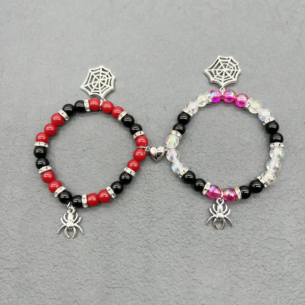 European and American Halloween Couple Bracelet: Red and Black Beaded Spider Pendant Holiday Gift
