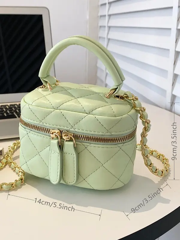 Fashion Quilted Embroidered Handbag, Plain PU Leather Zipper Crossbody Bag with Chain Strap, Bucket Bag for Work Travel 3