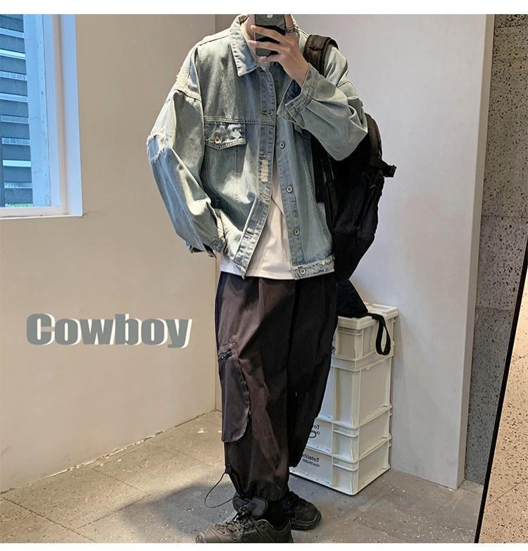 Product Introduction of Áo Khoác Denim Rách, Phong Cách Hồng Kông, Dành Cho Nam Giới, Phong Cách Hàn Quốc, Áo Khoác Dáng Rộng Hợp Xu hướng, Thanh Niên Nghệ Thuật, Đẹp Trai, Thích Hợp Cho Học Sinh, Dễ Phối Đồ, Dép, Thích Hợp Cho Mùa Xuân Và Mùa Thu 11