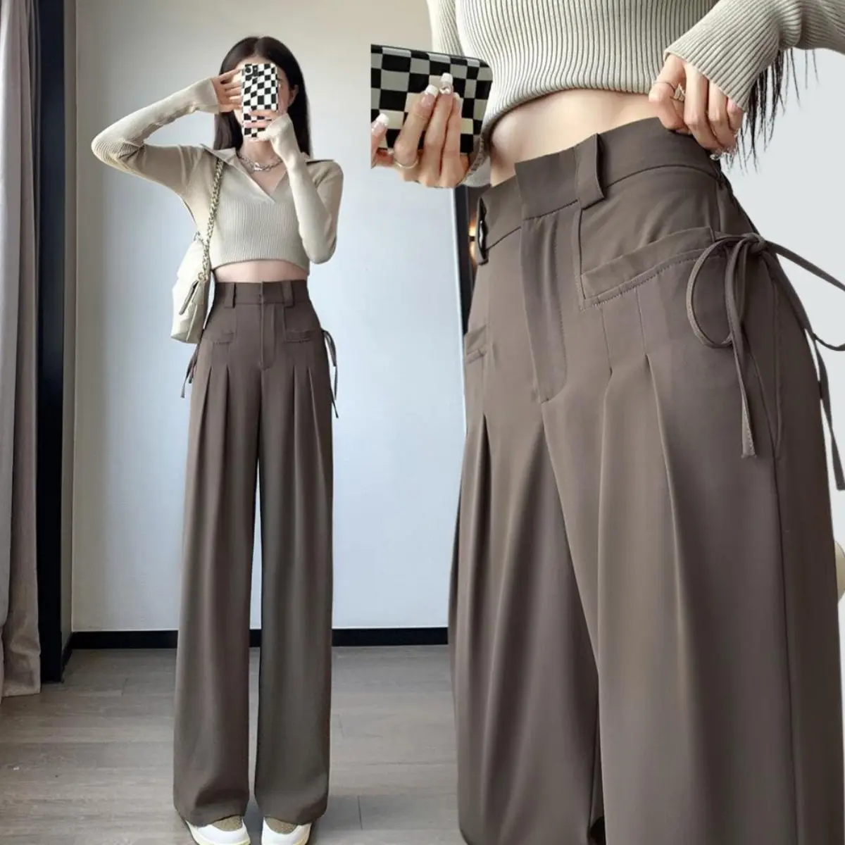 Quần ống rộng cạp cao túi vuông có dây Chất Ruby , mềm mịn  rũ vải 4 màu đen nâu Kem Ghi Nữ Pants