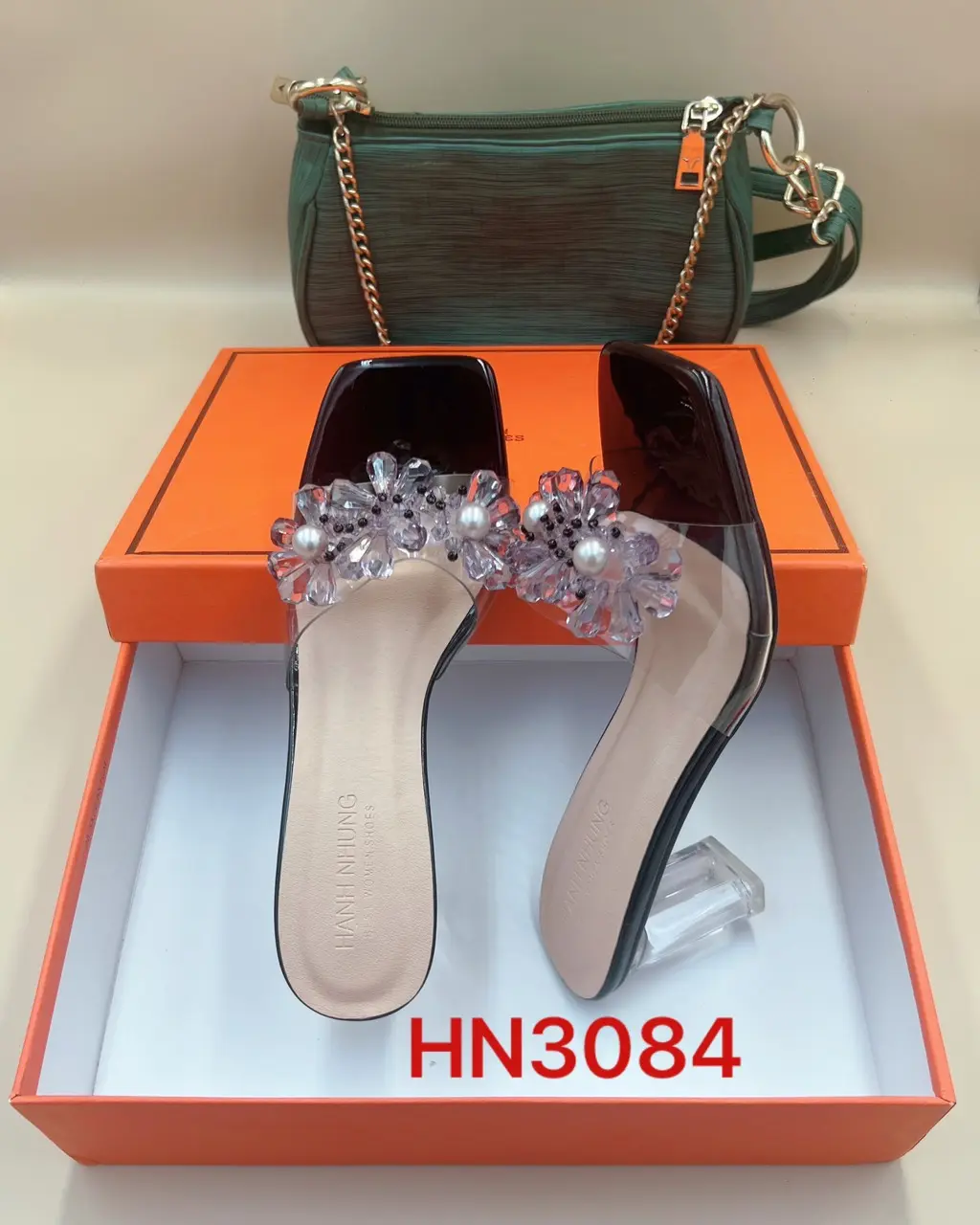 Dép cao gót  nữ mũi vuông SENSINI nơ đá gót mica sang trọng cao 5cm ( MS: HN3084)