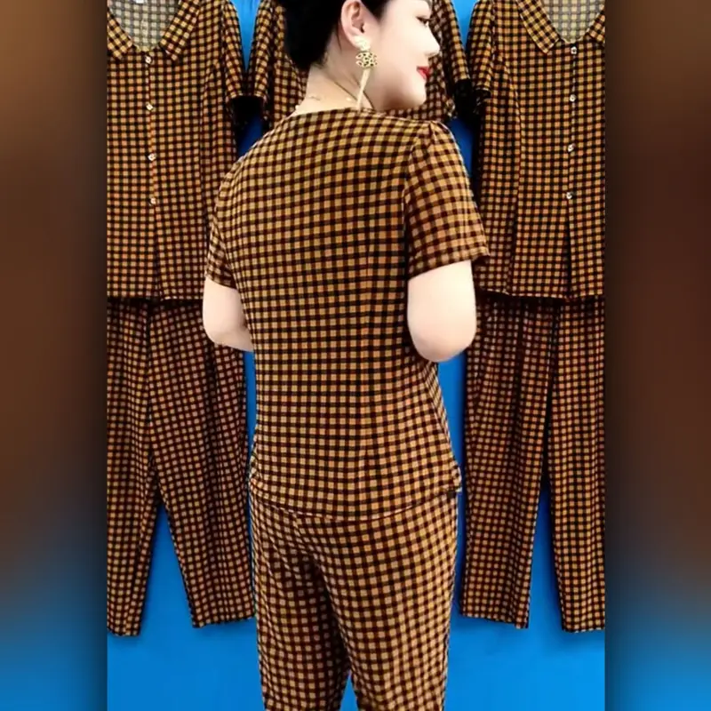 Quần Áo Mùa Hè Cho Mẹ, Bộ Đồ Hai Mảnh ngắn Tay, Bộ Đồ Nữ Trung Người Già Và Cao Tuổi, Bộ Áo Phông Cổ Tròn, Áo Sơ Mi Nhỏ Dáng Rộng Vừa Vặn, Thích Hợp Cho Phụ Nữ 50 Đến 60 Tuổi, Phong Cách Y2g 4