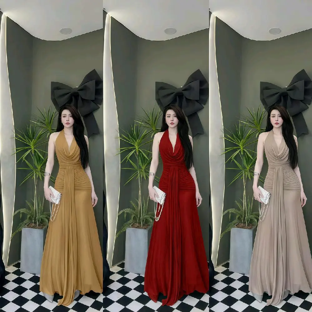 [Dáng Xòe Đuôi Cá] Đầm Body Thun Nhũ Hai Lớp Cổ Đổ Xẻ Sâu Hở Lưng Dáng Dài Thanh Lịch Phối Dây Tà Sang Chảnh Đầm Đi Tiệc H Nữ Women Dress Nhung