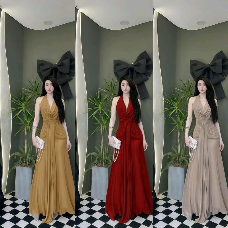 [Dáng Xòe Đuôi Cá] Đầm Body Thun Nhũ Hai Lớp Cổ Đổ Xẻ Sâu Hở Lưng Dáng Dài Thanh Lịch Phối Dây Tà Sang Chảnh Đầm Đi Tiệc H Nữ Women Dress Nhung