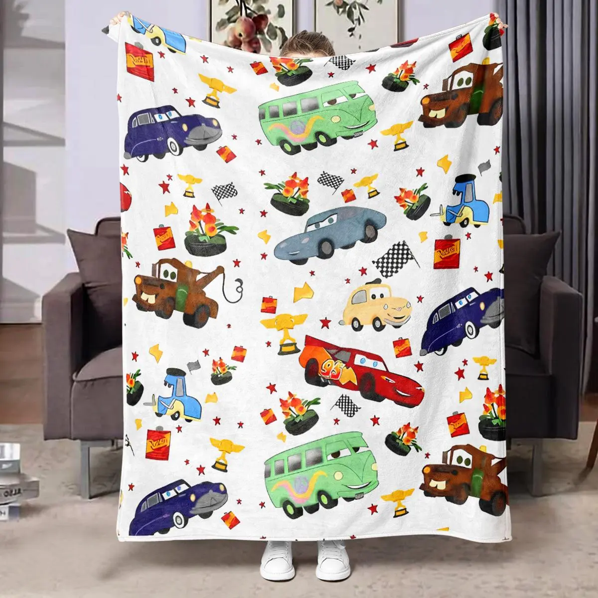 Cartoon Car Pattern Blanket,  1 Count Soft and Comfortable Air-conditioned Room Throw, Warm Nap Blanket for Home, Office & Valentine's Day Gift