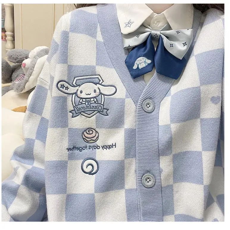 Jaket Sweater JK, untuk Kanak-kanak Perempuan, Corak Cinna Moroll, dengan Papan dam Seragam, Kardigan Kuromi dan Melodi, Sesuai untuk Gadis Besar, Gaya Preppy Musim Sejuk, Atasan Sweater Berkait Biru, Longgar, 40-80KGS