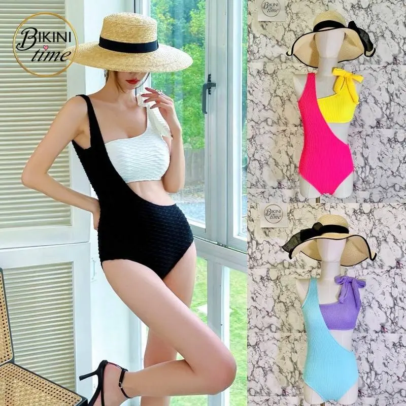 BikiniTime (M-XL) SB207 มี4สี ชุดว่ายน้ำแฟชั่น วันพีซ งานผ้าย่น สีขาว-ดำ ผูกโบว์ไหล่ มีฟองน้ำเสริม บิกินี่