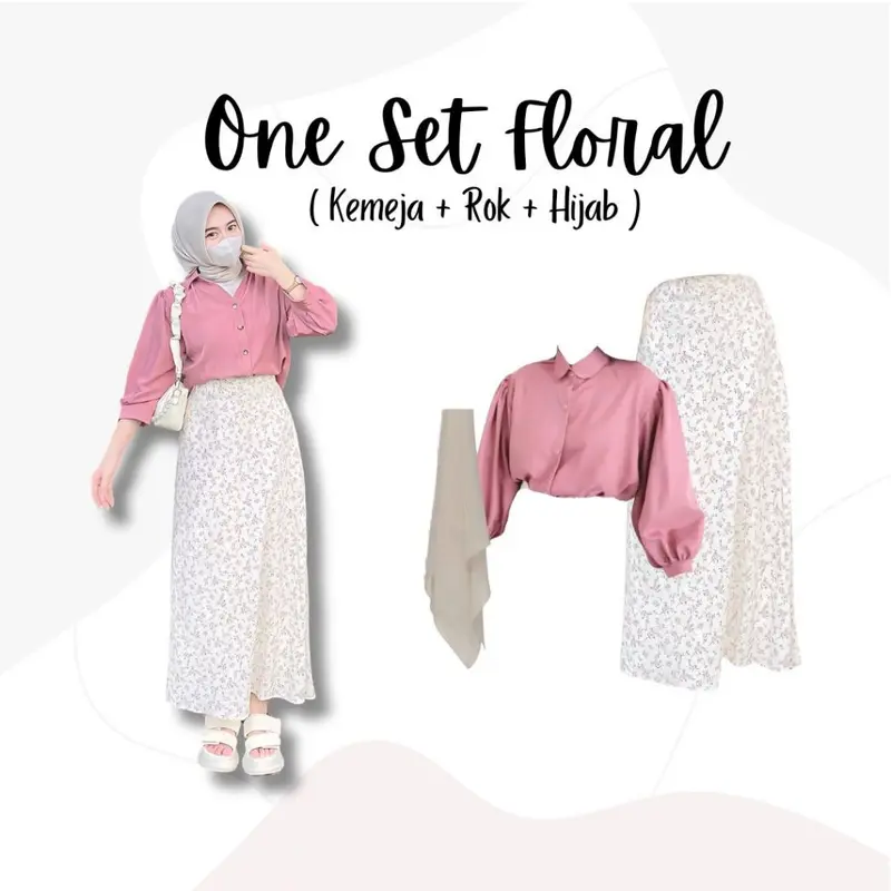One Set 3in1 Kemeja Batwing Rok Floral Hijab Bella | outfit wanita hangout kampus SK82 0