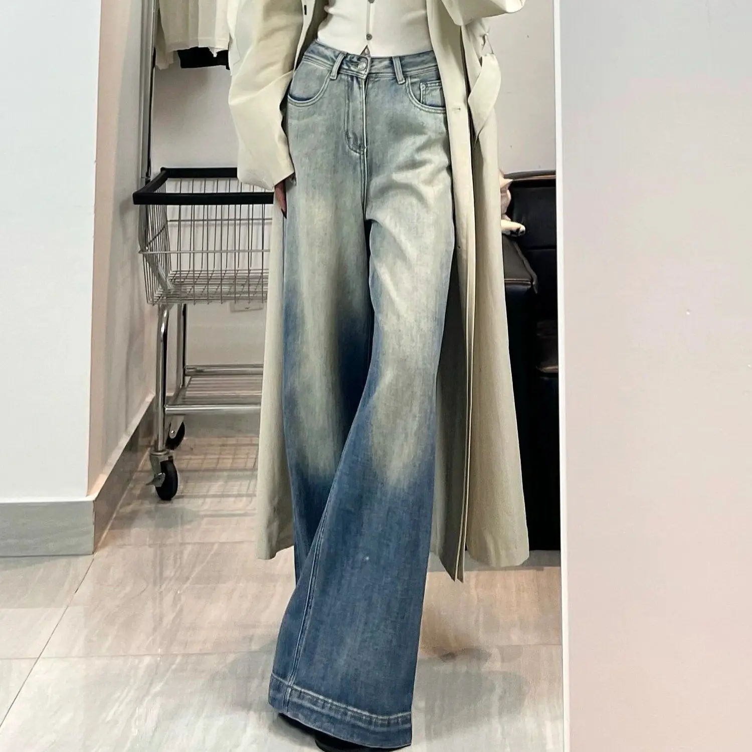 Maillard Washed Gradient Jeans New Large Size for Girl Casual Loose  High Waist Straight-Leg Pants Pants Fashion