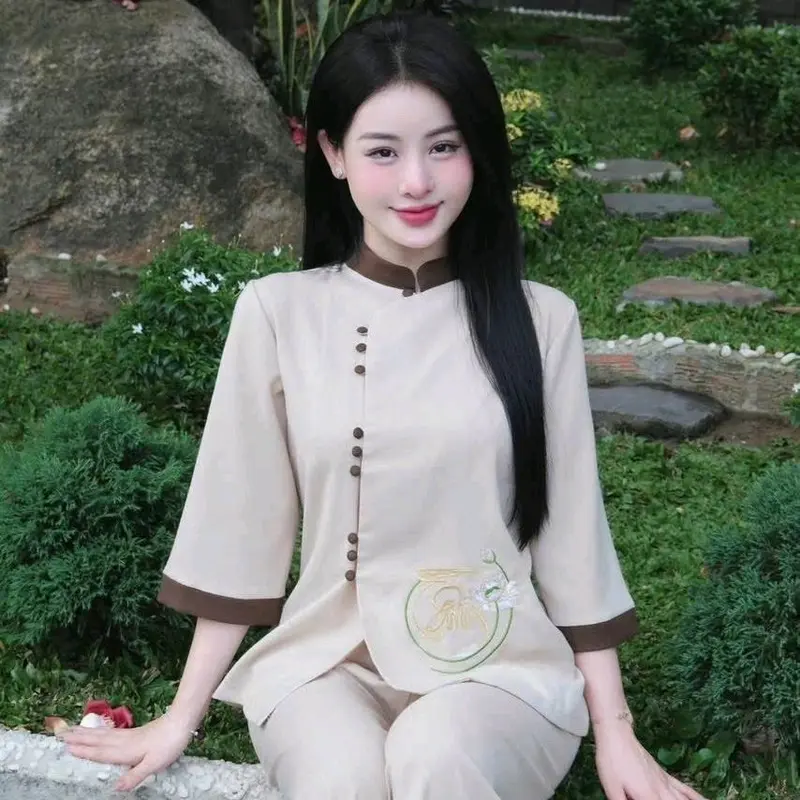 đồ lam đi chùa TÂM AN chất liệu tuyết nhung  cổ tàu nút bọc thêu hoa sen  chữ tâm ở giữa kết hợp quần hai túi trang trọng 3