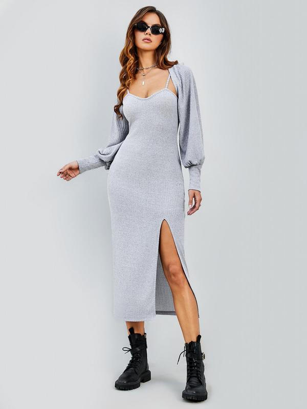 Two-Piece Set Women's Solid Co-ord Set, Split Thigh Knit Cami Dress & Bishop Sleeve Open Front Crop Top Set, Women's Clothing for Spring & Fall 6