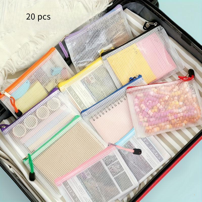 Product Introduction of A6 Mesh Zipper Pouch, 20pcs/set Waterproof Plastic Storage Bag, File Folder, Stationery Storage Bag, Travel Organizer for School, Travel, Office 0