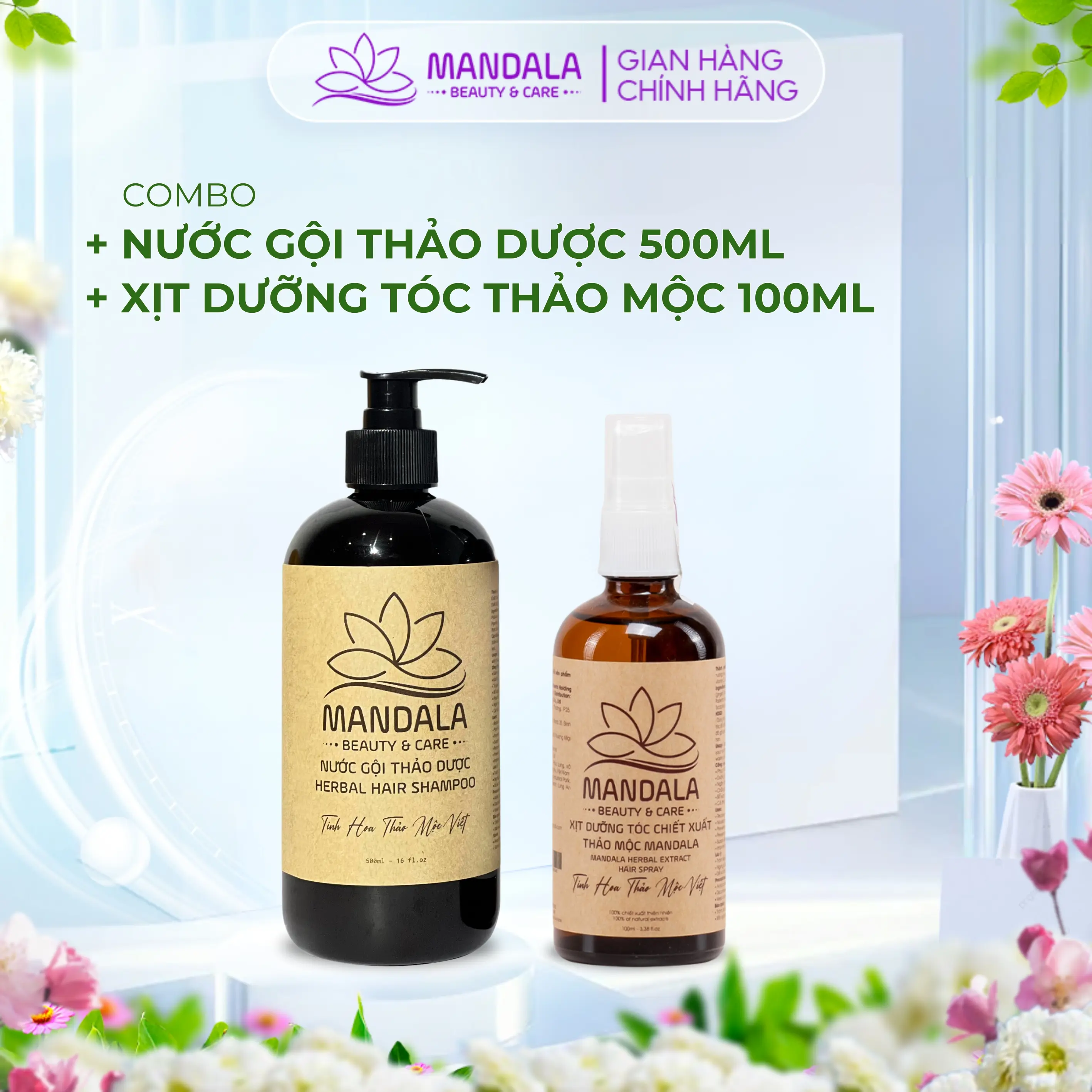 Combo Gội Dưỡng Hiệu Quả Nước Gội Thảo Dược Mandala 500ml, Xịt Dưỡng Tóc Chiết Xuất Thảo Mộc 100ml Chăm Sóc Tóc