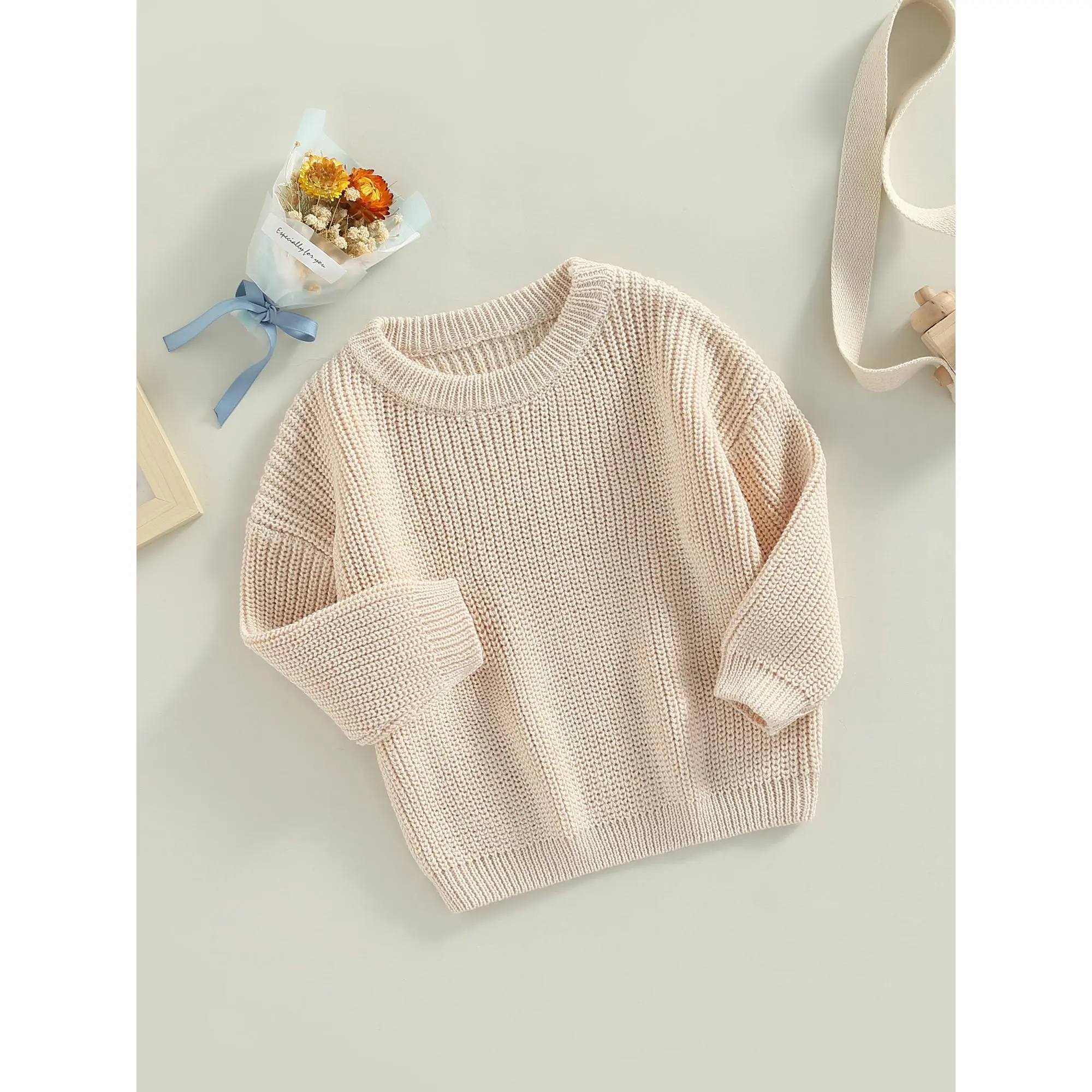 Toddler Baby Round Neck Sweaters, Long Sleeve Solid Color Loose Knitted Pullovers
