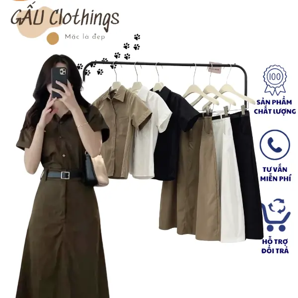 Set áo sơ mi cộc tay kaki mềm chân váy dáng dài kèm đai set 3 chi tiết áo sơ mi chân váy dáng dài kèm đai phong cách ulzzang