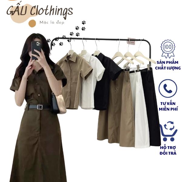 Set áo sơ mi cộc tay kaki mềm chân váy dáng dài kèm đai set 3 chi tiết áo sơ mi chân váy dáng dài kèm đai phong cách ulzzang 1