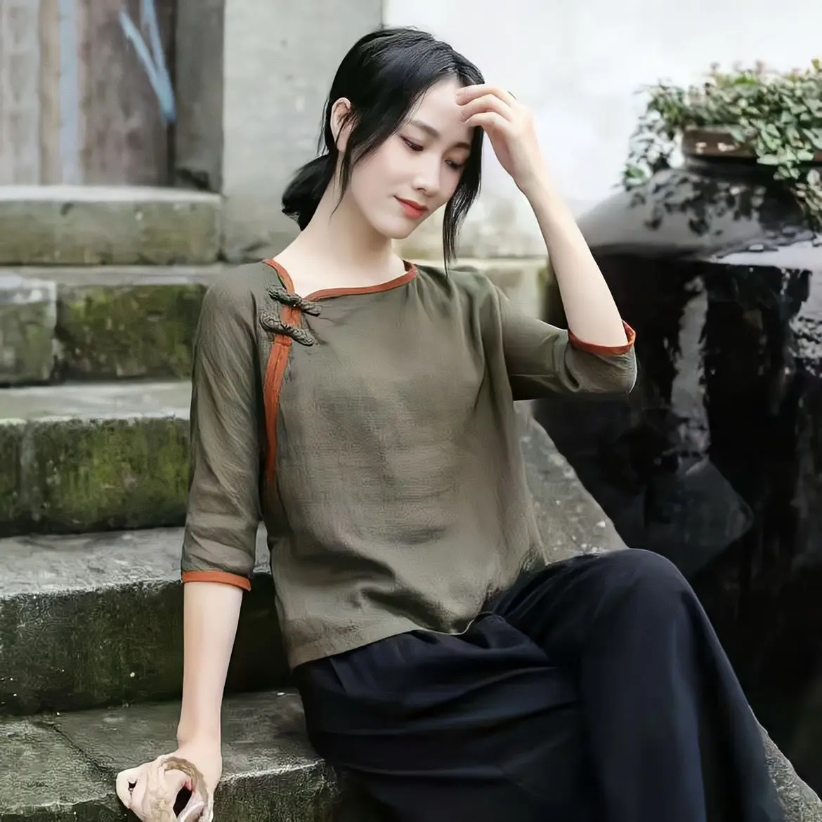 Áo Mùa Hè, Cotton Nguyên Chất, Giả Vải Lanh Cotton, Bộ Đồ Tang, Phong Cách Trung Quốc, Quần Áo Trà Trung Quốc Của Phụ Nữ, Trang Phục Nghệ Sĩ Trà, Cộng Hòa Trung Quốc, Áo Sơ Mi Nhỏ Thời Trang, 2024