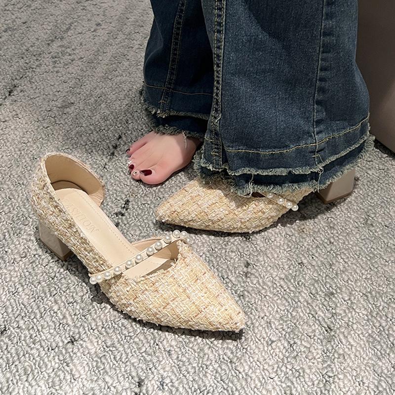  Giày nữ cao gót dạ kẻ phối dây ngọc mũi nhọn gót vuông kiểu dáng Hàn Quốc 2024 - Đế Cao - Shoes Jean 