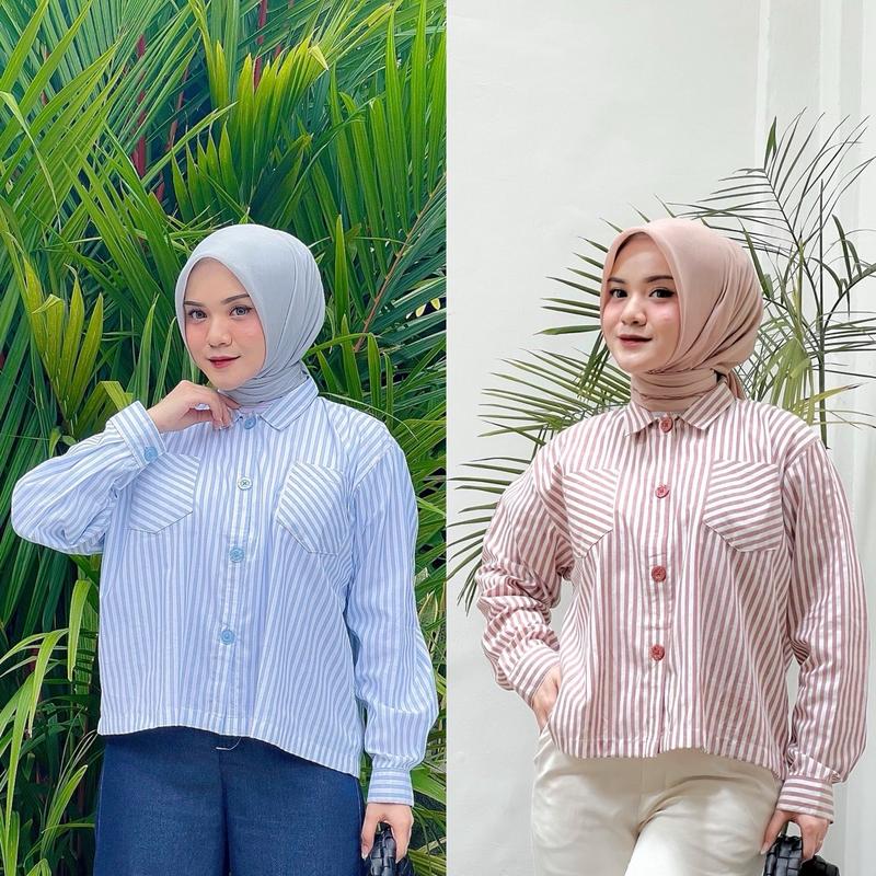 Kemeja Crop Top Stripe Oversize Baju Wanita Motif Garis-Garis Fit Formal 1