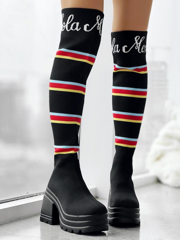 Women's Fashion Striped Print Over-the-knee Boots, Punk Style High Heel Boots for Fall & Winter, Trendy Letter Print Chunky Heel Boots 5