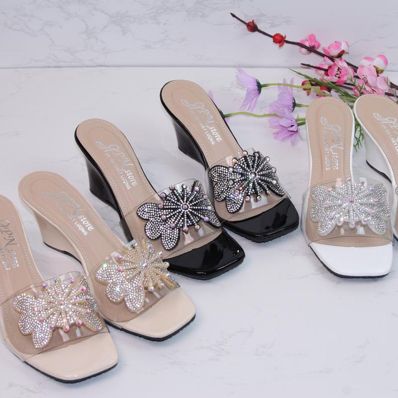    phom nhỏ   Dép nữ đế xuồng 5p quai trong kết hoa đính đá - X038 Women Shoes Sandal DéP GiàY Jean 