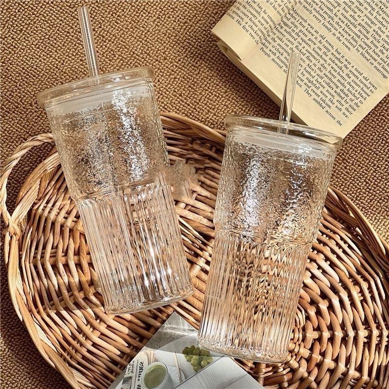 Cốc Thủy Tinh Trong Suốt Chịu Nhiệt Độ Cao Có Nắp Đậy Và Ống Hút Sáng Tạo