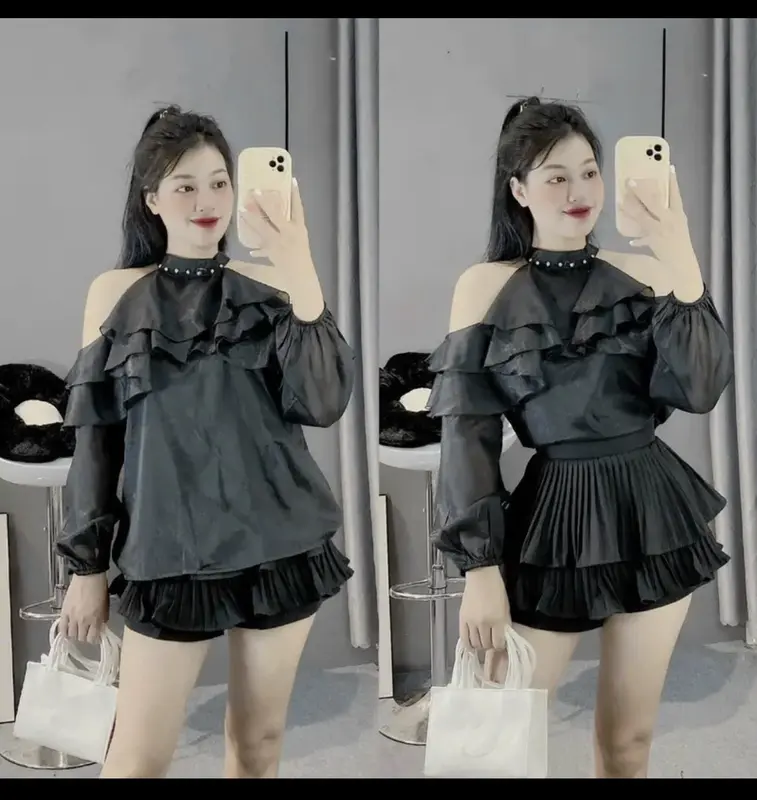 Áo kiểu tiểu thư cổ yếm khoét vai đính đá 1