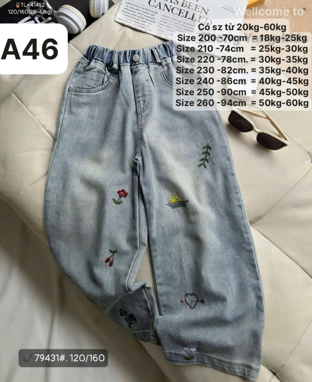 A46- quần jean dang xuông thêu chữ cho bé gái có size từ 20-60kg dài quần 70-94cm