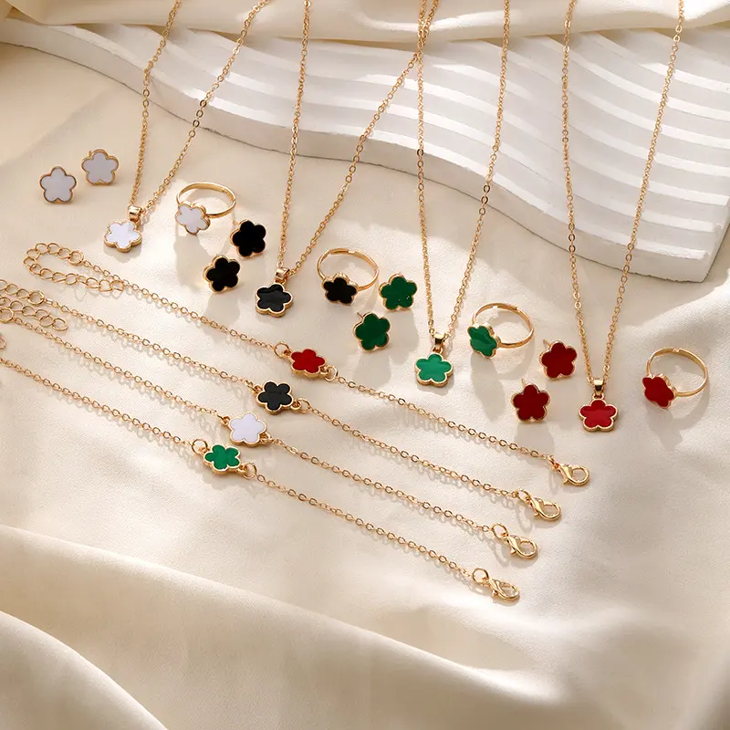 4pcs/set Five-leaf Clover Jewelry Set for Women Simple Petal Flower Necklace Bracelet Ring Earrings
