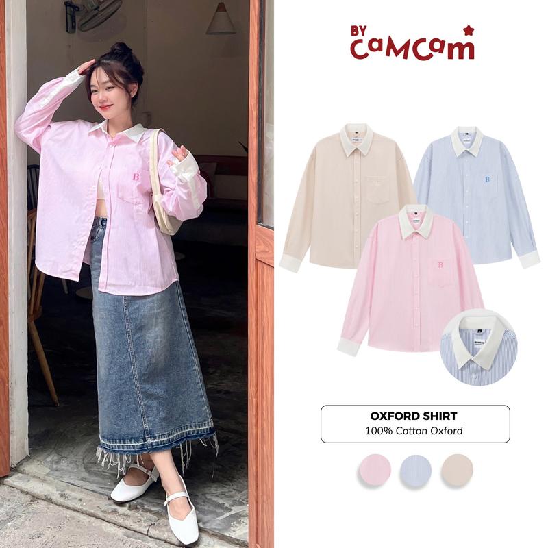 Áo Sơ Mi Kẻ Bycamcam Phối Cổ DÀI TAY OXFORD Dày Dặn Mùa Thu Hàn Quốc