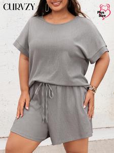 CURVZY Plus Size Solid Textured Co-ord Set, Casual Batwing Sleeve Round Neck T-shirt & Tie Front Pocket Shorts, Women's Two-piece Tummy Control Outfits for Summer, Oversized T Shirt & Shorts 2 Piece Set for Girls