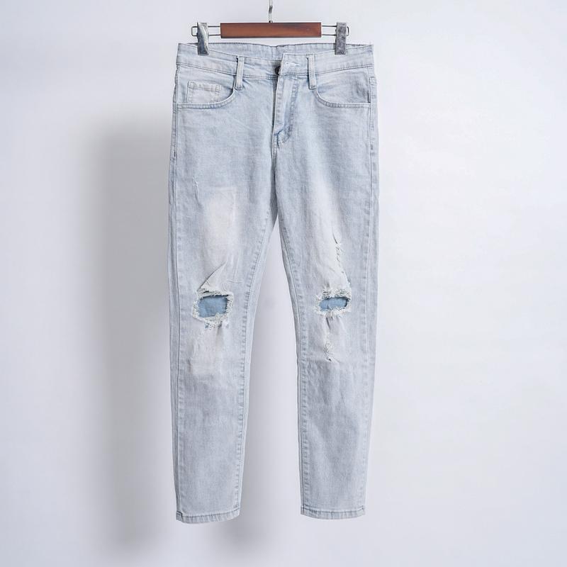  Quần Jean Nam Dài Thời Trang Vải Co Dãn Màu Xanh Bạc Rách Kiểu Gối To Dáng Ôm Vừa Menswear Pants Có Túi 